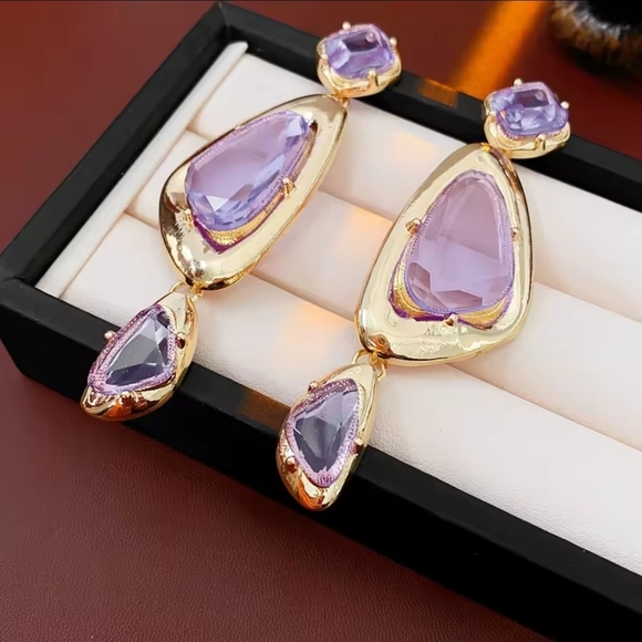 Gold and Purple Drop Earrings - Picture 4 of 6